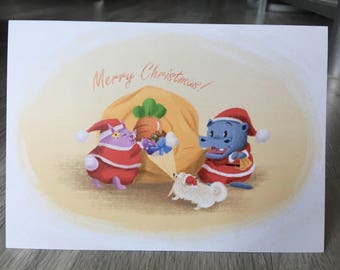 Little Night Adventure Hippo & Rabbit Christmas Card by Cecilia Zeng