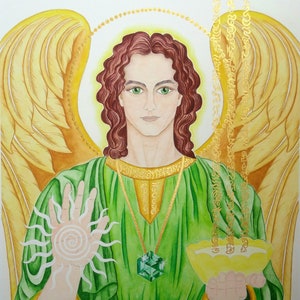 May include: Watercolor painting of an angel with golden wings and green robes. The angel is holding a golden bowl in one hand and a sun with a spiral in the other. The angel has long brown hair and green eyes. The painting is surrounded by gold accents.