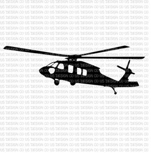 May include: A black silhouette of a helicopter with a single rotor blade. The helicopter is facing to the right and has a large, rectangular body with a small cockpit.