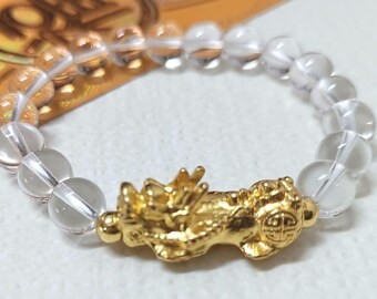 Golden Pixiu Clear Quartz Bracelet: Brazilian Crystal Wealth Amulet