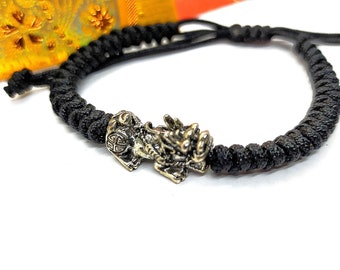 Feng Shui Pixiu Bracelet: Silver Tone Amulet, Braided String