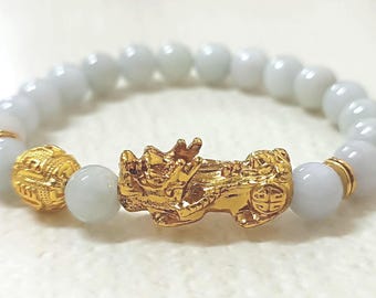 Natural Green Jade Golden Pixiu Bracelet.Amulet.Wealth.Fengshui Abundance.Lucky.Protection.