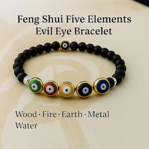 May include: Black beaded bracelet featuring five Evil Eye charms in gold settings, each with a different coloured eye. The bracelet is labelled "Feng Shui Five Elements Evil Eye Bracelet" with the elements Wood, Fire, Earth, Metal, and Water.