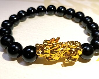 Fengshui Golden Pixiu Black Onyx Bracelet: Wealth, Luck