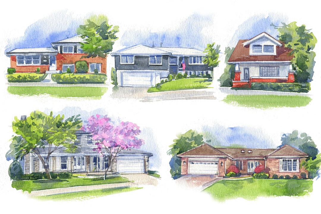 Multiple House Portrait — Watercolor House Portrait From Photo — Home ...