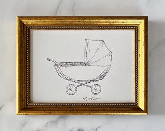 PRAM Art Print - Unframed Pram Ink Sketch  - Minimalist Nursery Art - Pram Art - French Country Art - Drawing Pram - Neutral Vintage Nursery