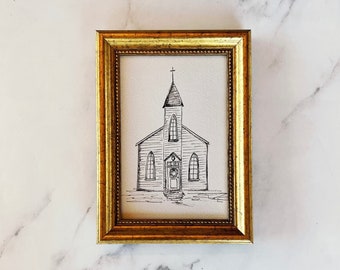 COUNTRY CHURCH Art Print - Unframed Church Ink Sketch Original Print - Minimalist Christmas Drawing - French Country Art - Church Art Print