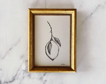 LEMON DROP II Art Print - Unframed Lemon Ink Sketch Giclee Print - Minimalist Lemon Kitchen Art - French Country Art - Drawing Lemon Branch