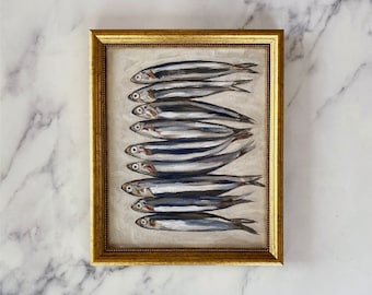 Sardine Stampa artistica - Stampa pittura a olio senza cornice - Pittura a olio Natura morta - Pittura a olio Sardina - Arte della cucina francese - Arte del pesce del ristorante