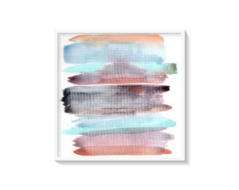 Druckbare blaue Orange und Petrol abstrakte Aquarell Wandkunst Home Decor