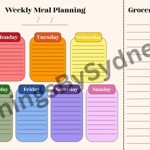 Puede incluir: Bloc de notas de planificación de comidas semanal con secciones para cada día de la semana, de lunes a domingo, en varios colores. El bloc de notas también incluye una sección de lista de compras. El texto "Weekly Meal Planning" está en la parte superior.