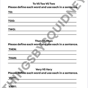 May include: A white sheet of paper with the title "Grammar Practice" at the top. The sheet includes fill-in-the-blank sections for "To vs Too vs Two", "Then vs Than", and "Very vs Vary".