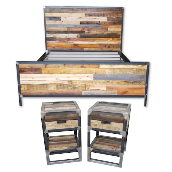 Bedroom Set Industrial Bed 2 Nightstands