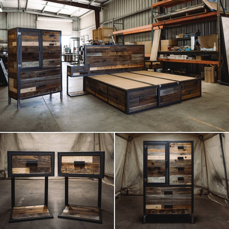 4 Piece Bedroom Set Industrial Metal and Wood Platform Bed Etsy
