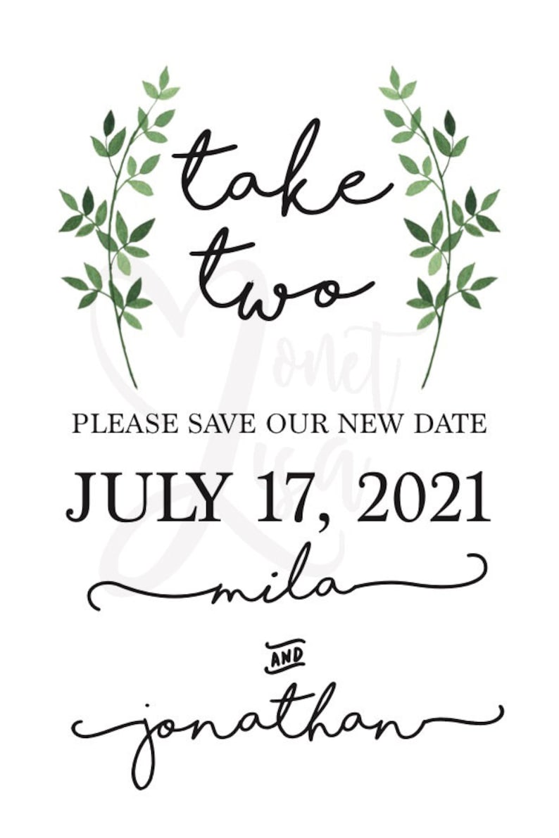 4X6 Printable Rescheduled Wedding Photo Save the Date Take Two Greenery Change The Date Wedding Postponement Card Instant Download