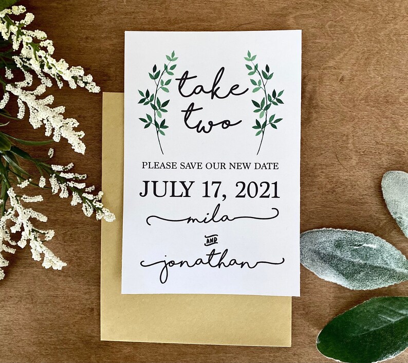 4X6 Printable Rescheduled Wedding Photo Save the Date Take Two Greenery Change The Date Wedding Postponement Card Instant Download