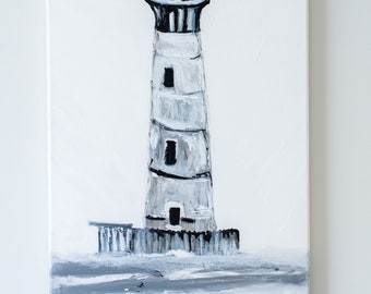 Morris Island Lighthouse, Folly Beach Art, Original Art, Black and White Wall Art, Lighthouse Wall Art, Black and White Painting