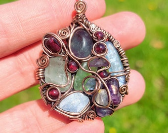 Multistone Wire Wrapped Pendant Fluorite, Blue Calcite, Kyanite & Garnet Necklace  Handmade Copper Jewelry