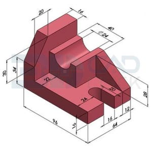 May include: Isometric diagram of a red mechanical component with dimensions in millimeters. The part features a curved recess, a rectangular base (96 x 16 mm), and various cutouts. The overall height is 30 mm.