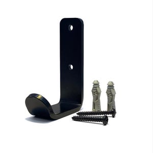May include: Black metal wall hook with a curved arm and two screw holes. It comes with two screws and two plastic anchors.