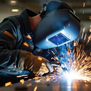 May include: A welder wearing a protective helmet and gloves is shown in action, sparks flying from the welding process. The scene is illuminated by the bright light of the weld, with a blue hue from the helmet's visor.