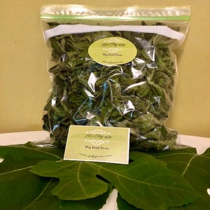 May include: A clear plastic bag filled with dried green fig leaves. The bag is sealed with a zipper and has a label that reads "Go-Fig-ure Fig Leaf Cares".