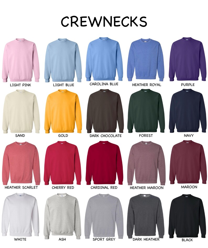Może przedstawiać: Kolekcja dwudziestu bluz z okrągłym dekoltem wyświetlanych w siatce, oznaczonych nazwami kolor&oacute;w, w tym light pink, light blue, carolina blue, heather royal, purple, sand, gold, dark chocolate, forest, navy, heather scarlet, cherry red, cardinal red, heather maroon, maroon, white, ash, sport grey, dark heather oraz black.