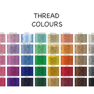 May include: A chart of 48 different thread colors, labeled with their names. The colors are arranged in rows and columns, with each color represented by a small spool of thread.