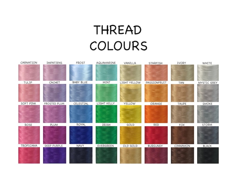 May include: A chart of 48 different thread colors, labeled with their names. The colors are arranged in rows and columns, with each color represented by a small spool of thread.