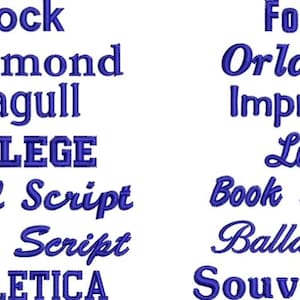 May include: A graphic showing different font styles in blue. The fonts include Block, Garamond, Seagull, COLLEGE, Small Script, Brush Script, ATHLETICA, Folio, Orlando, Impress, Lila, Book Script, Ballantines, and Souvenir.