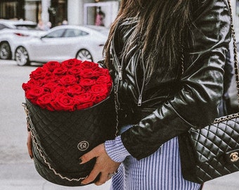 Hat Box Rose Bouquet, Designer Inspired Designer Box with Real Roses that last a year, Flower Arrangement for Valentines day gift for her