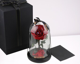 Beauty and The Beast Rose with Personalized Metal Engraving, Real Preserved Rose in Glass Dome with customized plate, Forever Monroe's Roses