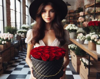 Box of Preserved Red Roses, Round Hat Box Rose Bouquet, Roses that last a year