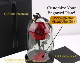 Personalized Beauty and The Beast Enchanted Red Rose with Metal Engraving | Custom Forever Everlasting Rose in Glass Dome