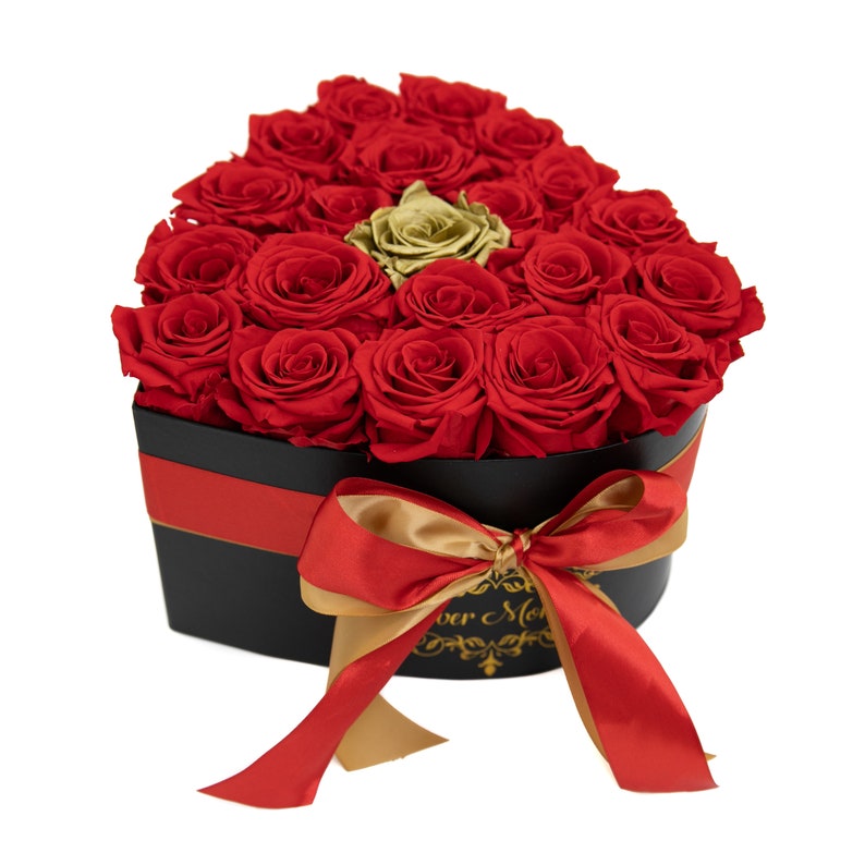 Eternity Long Lasting Roses, Real Roses that last a year, Luxury Handmade Box of Roses, Red and Gold Roses in Luxury Heart Hat box image 3