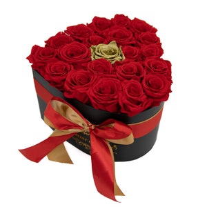 Eternity Long Lasting Roses, Real Roses that last a year, Luxury Handmade Box of Roses, Red and Gold Roses in Luxury Heart Hat box image 2