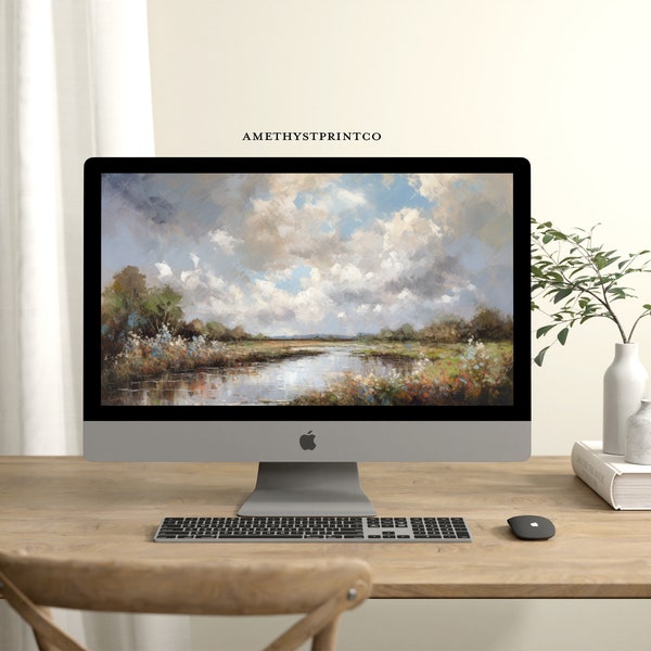 Vintage-Inspired Aesthetic Desktop Wallpaper of a Charming Landscape with a Winding River, Clouds, and Wildflowers for Home Office Computer