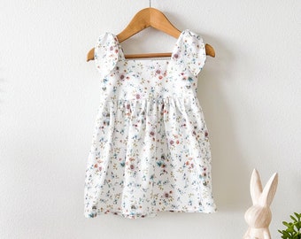 Marie Summer Dress Shoulder Knot Tie Breezy Fit in White Watercolor Floral Organic Cotton Spanish Viyella Baby Girl Toddler Dress