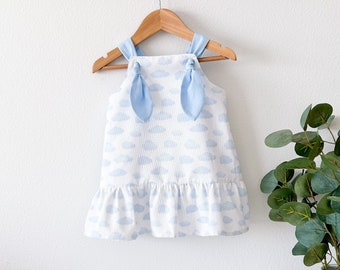 Christine Dress White with Blue Clouds Baby Girl Toddler  Knot Straps