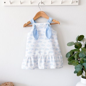 Christine Dress White with Blue Clouds Baby Girl Toddler Knot Straps image 1