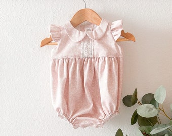 Camille Baby Girl Bubble Romper Dusty Pink White Floral Lace Ribbon Applique Spanish Soft Cotton Pique