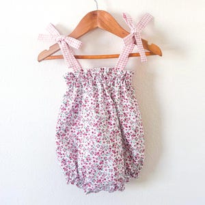 Ines Baby Girl Bubble Romper Dainty Pink Floral Gingham Bow Straps Soft Cotton Spanish Viyella