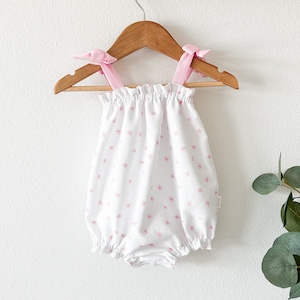 Ines Baby Girl Bubble Romper White And Pink Stars Pique Soft Cotton