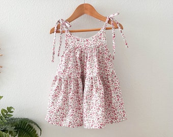 Odette Summer Dress Shoulder Knot Tie Breezy Fit in Dainty Pink Floral Organic Cotton Spanish Viyella Baby Girl Toddler Dress