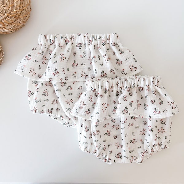 White Floral Gauze Baby Bloomers Ruffle Skirt Dainty Flowers