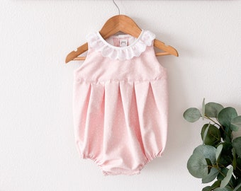 Dominique Baby Girl Bubble Romper Pink With White Polka Dots Eyelet Trim Collar Pique Soft Cotton