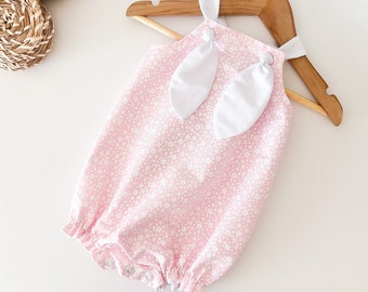 Christine Baby Girl Bubble Romper Pink and White Floral Knot Straps