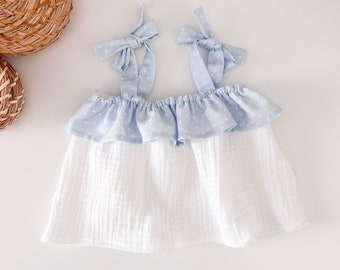 Aline Top Baby Girl Blue White Gauze Polka Dot With Bow Straps Spanish Cotton Pique