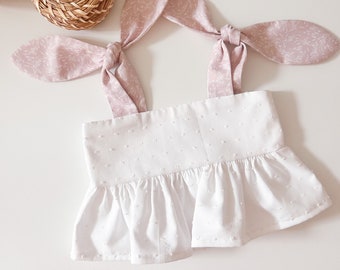 Marie Baby Girl Peplum Top Shoulder Knot Tie Breezy Fit in White Cotton Plumetti Dusty Pink Spanish Cotton Pique Strapps