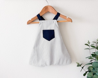 Pierre Baby Boy Overalls Navy Blue White Striped Spanish Piqué Cotton Romper With Pocket